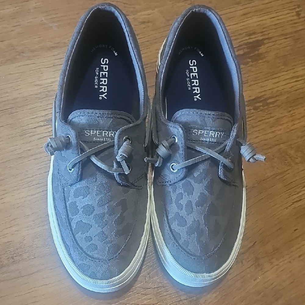 Sperry Charcoal Leopard Print Boat Shoes - Picture 2 of 5